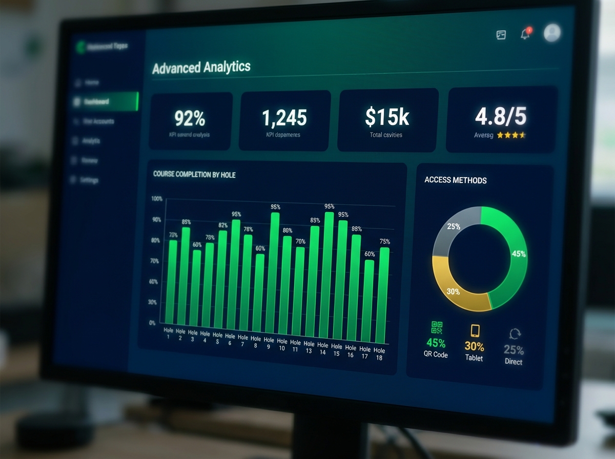 Dashboard analytics engagement golf Skytee — taux par trou et sources d'accès