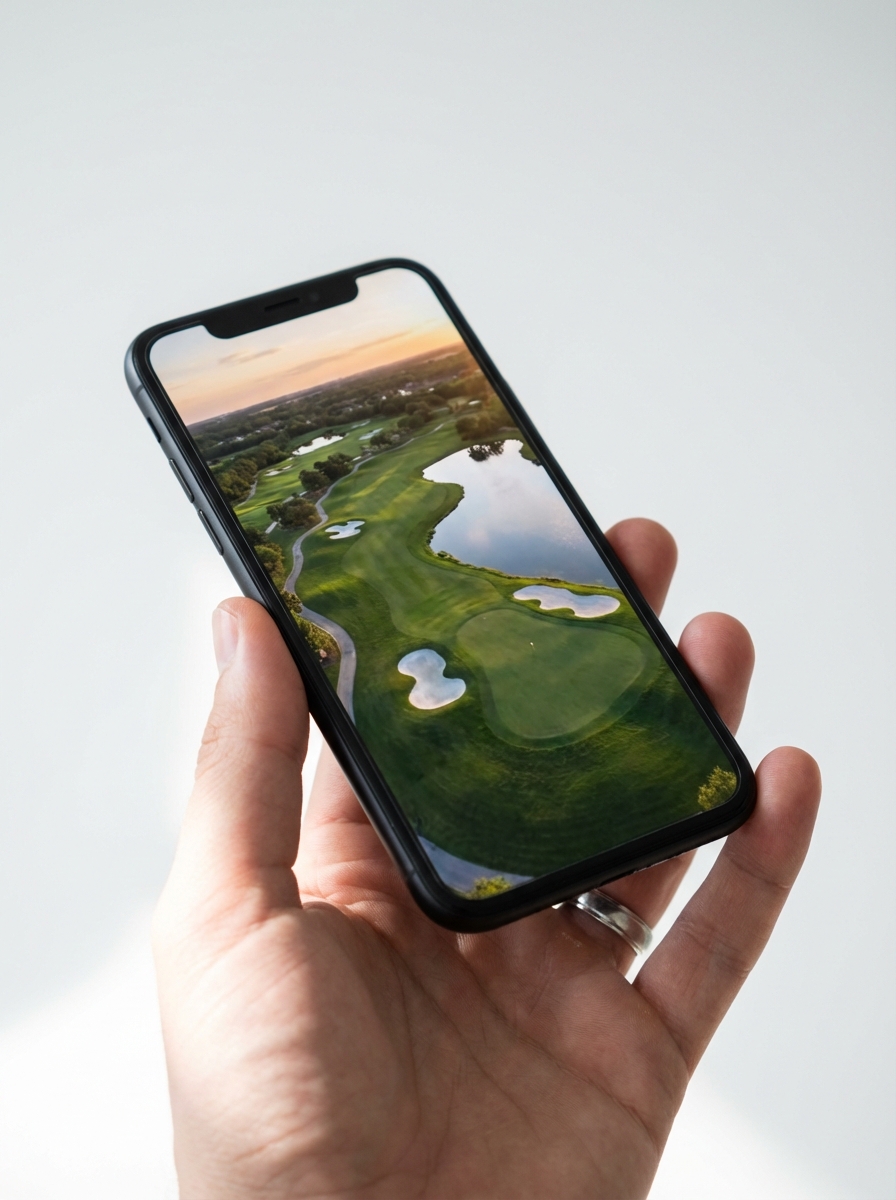 Main tenant un smartphone affichant une vidéo drone golf Skytee
