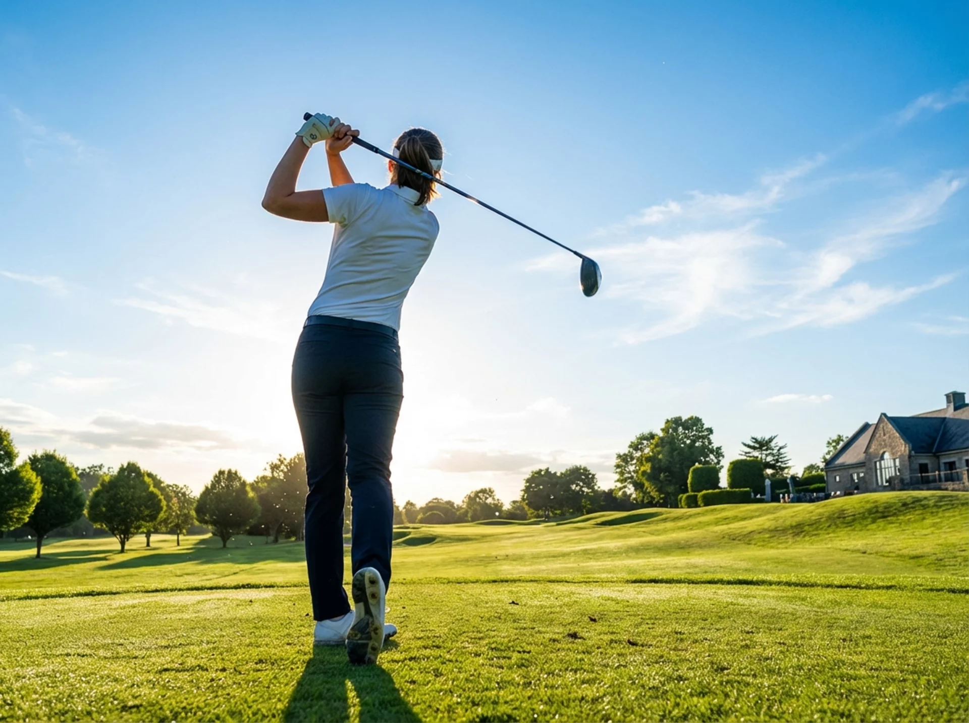 Golfeuse swing parcours de golf lumière dorée