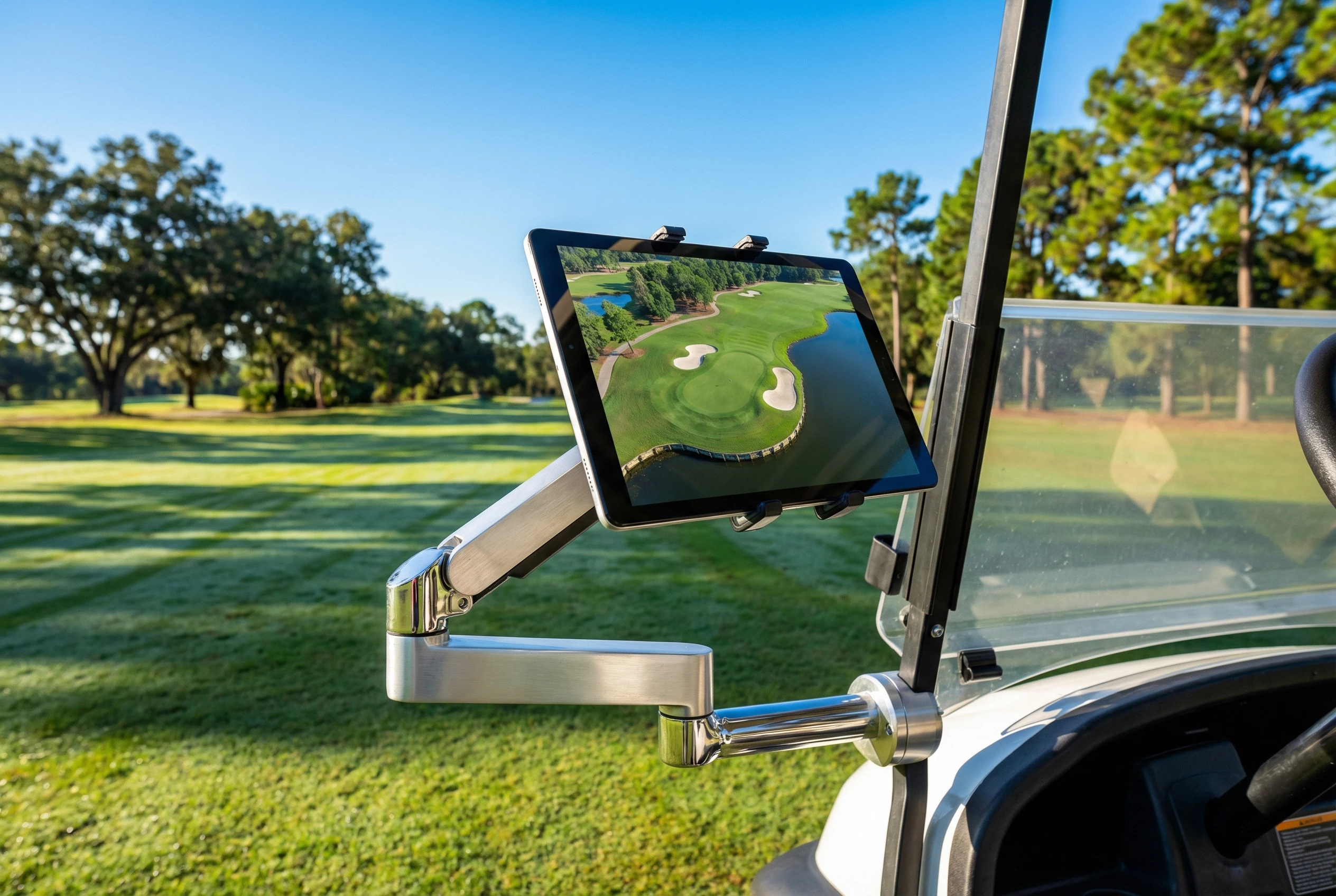 Tablette Skytee Touch montée sur voiturette golf