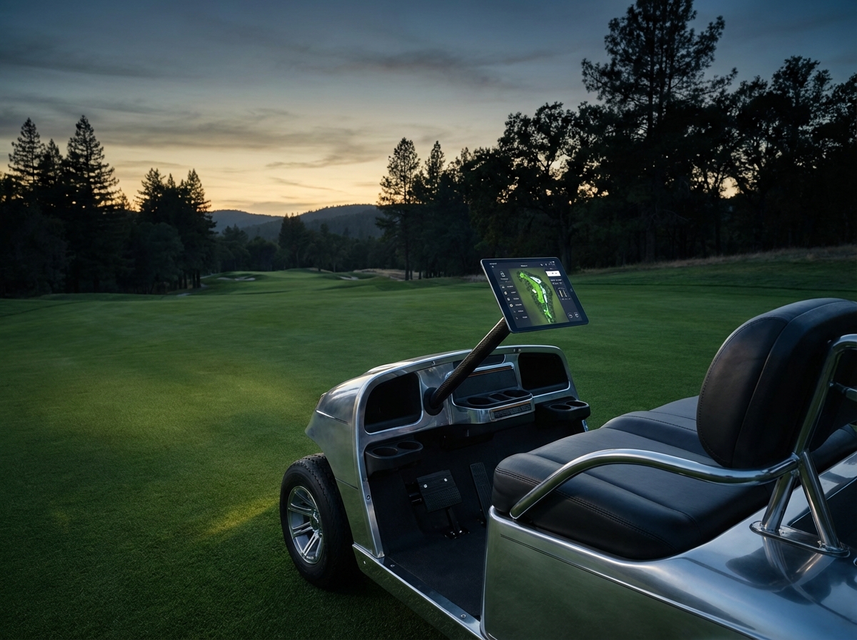Voiturette golf tablette Skytee Touch au crépuscule