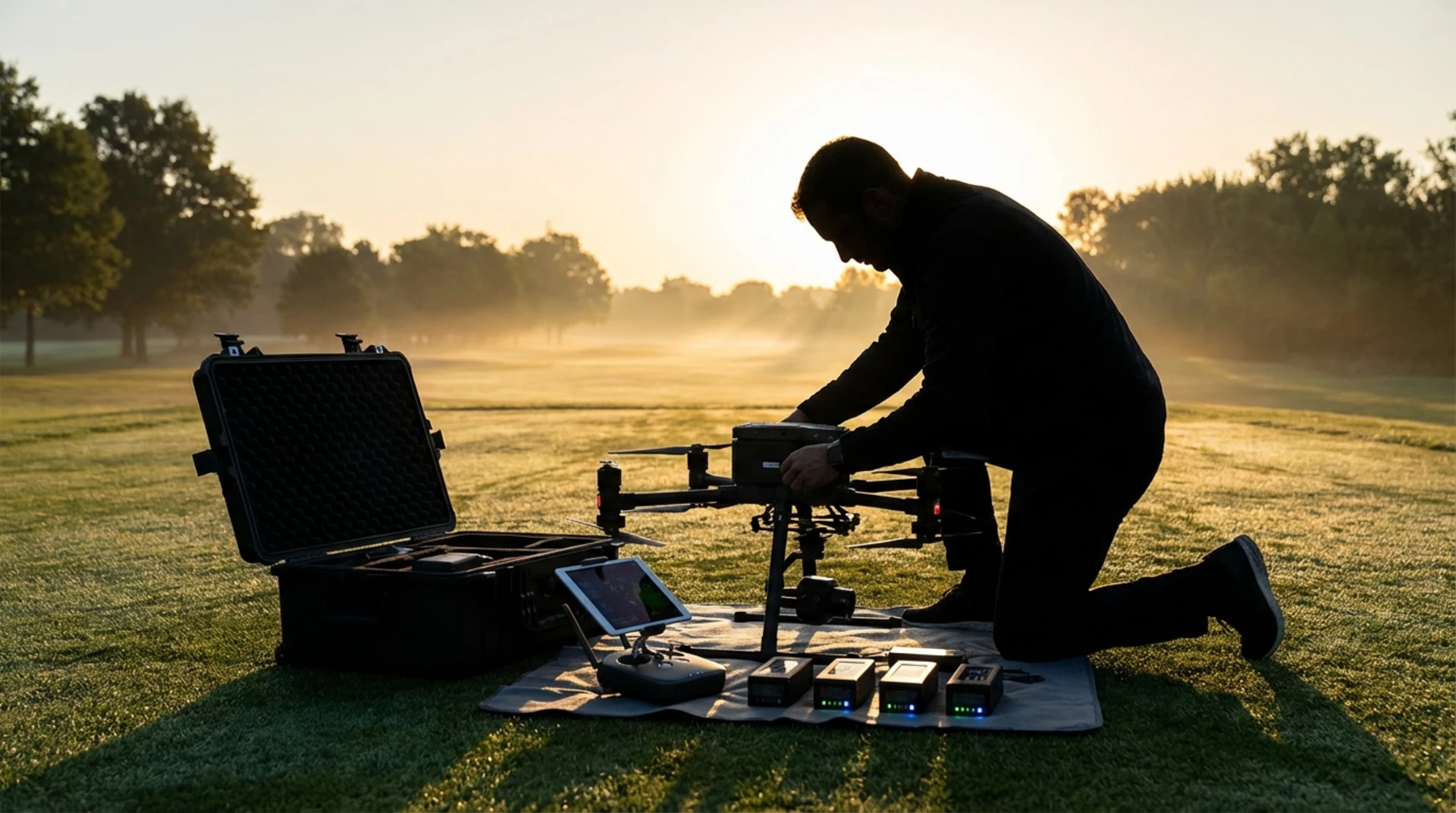 Pilote drone Skytee préparant son équipement au lever du soleil